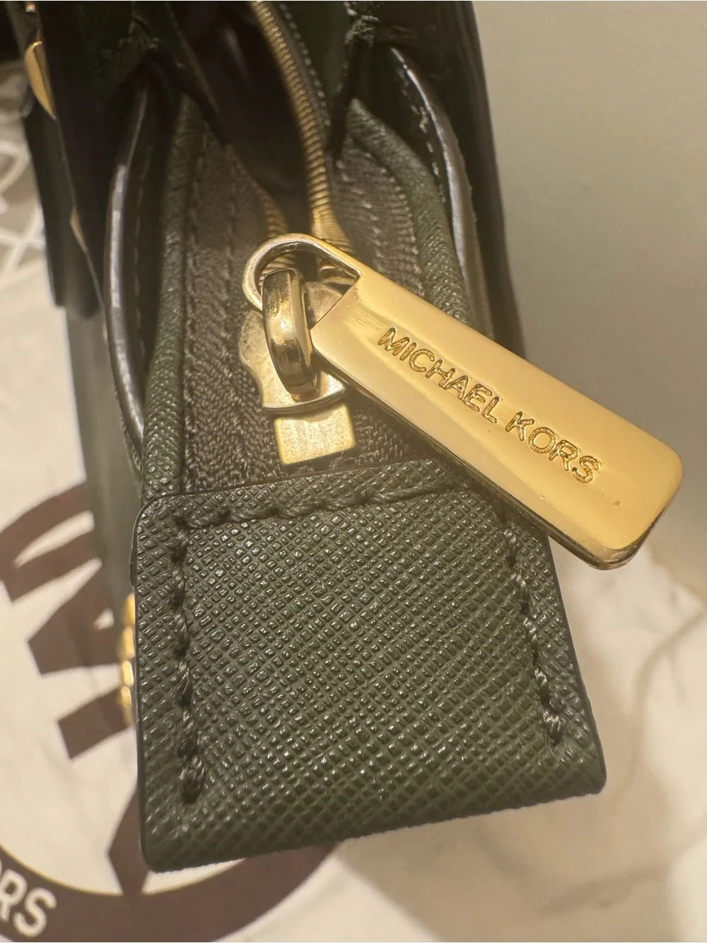 PRE-LOVED Michael Kors Olive Green Large Saffiano Leather Stud Satchel